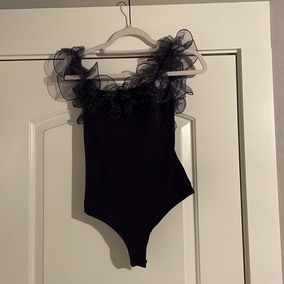 Free People Glitter Ruffle Navy Blue Top - Picture 3 of 5